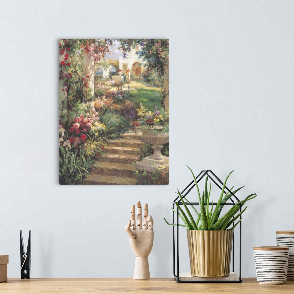 A bohemian room featuring Contemporary painting of a peaceful garden pathway with stairs.