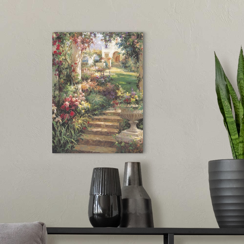 A modern room featuring Contemporary painting of a peaceful garden pathway with stairs.