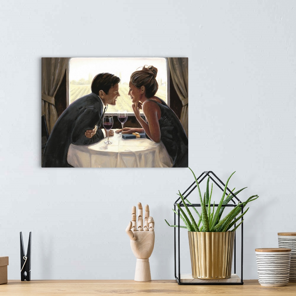 A bohemian room featuring Contemporary painting of a man and woman on a date in a restaurant celebrating their anniversary.
