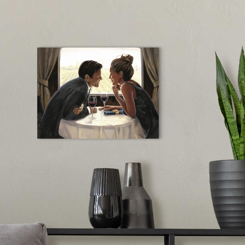 A modern room featuring Contemporary painting of a man and woman on a date in a restaurant celebrating their anniversary.