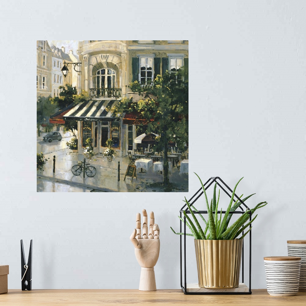 A bohemian room featuring Contemporary painting of a city street corner antique shop.