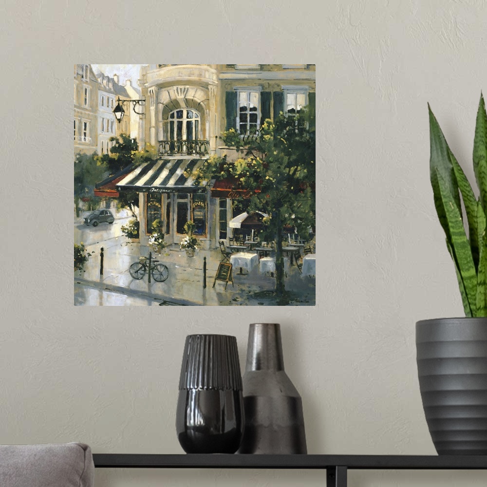 A modern room featuring Contemporary painting of a city street corner antique shop.