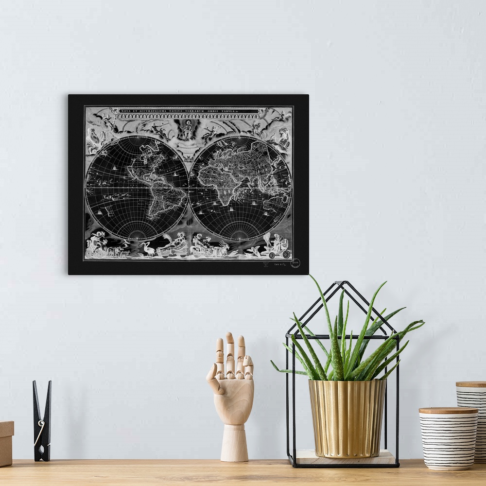 A bohemian room featuring Vintage world map in black and white.