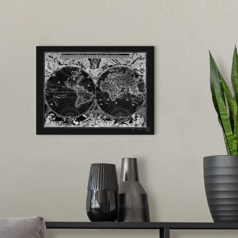 A modern room featuring Vintage world map in black and white.