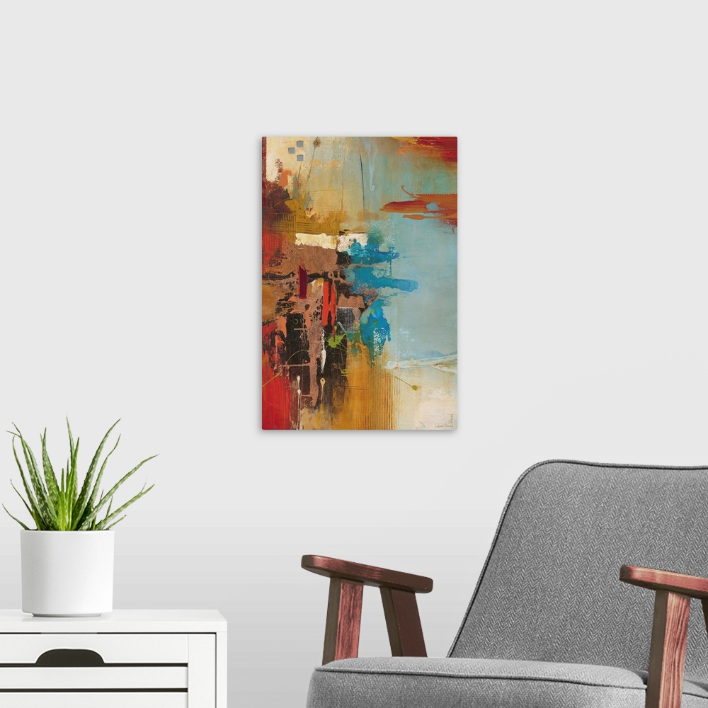 A modern room featuring Contemporary abstract artwork using rich earthy tones and textures, mixed with aqua blue tones.