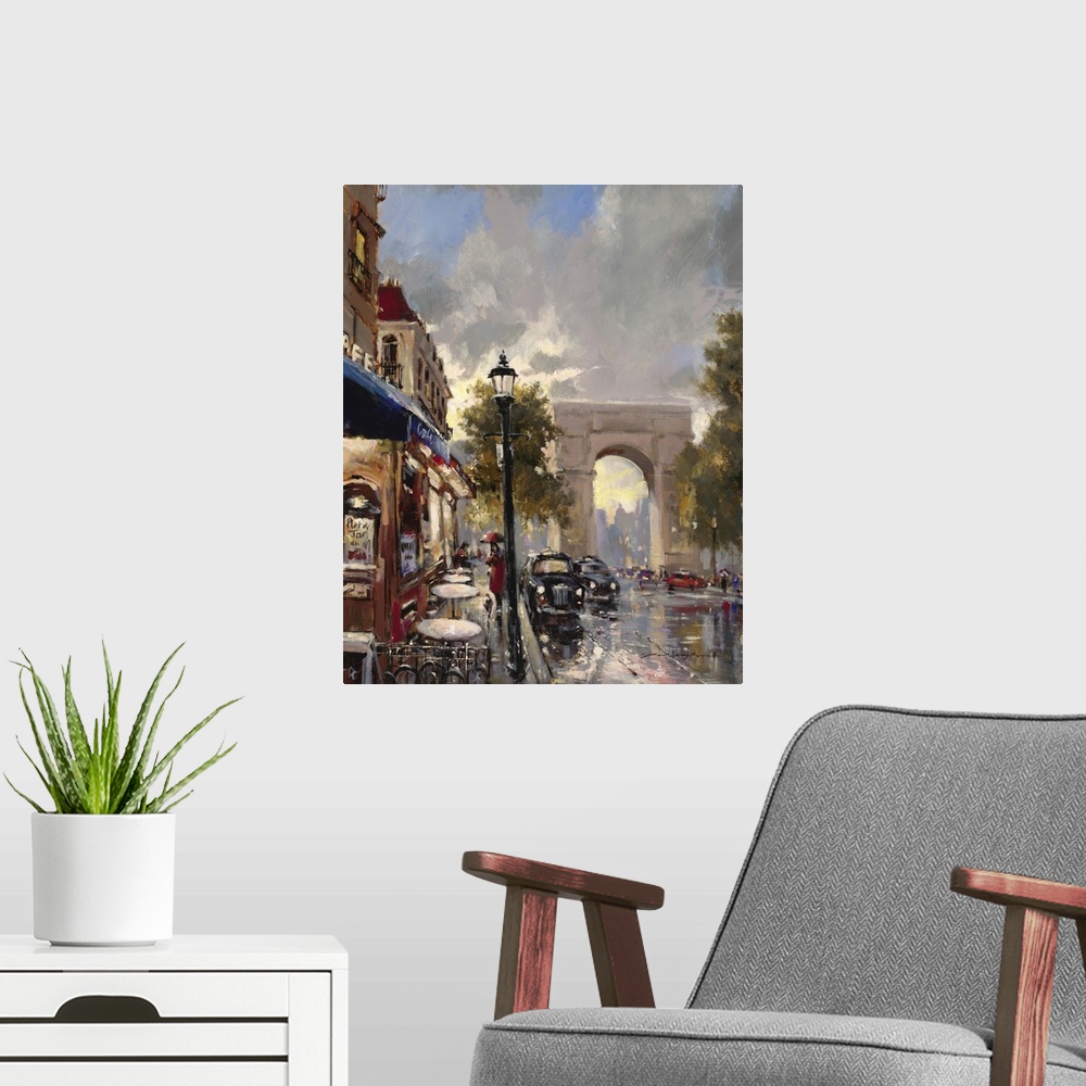 A modern room featuring Contemporary painting of a view of the city streets of Paris, with the Arc de Triomphe in the bac...