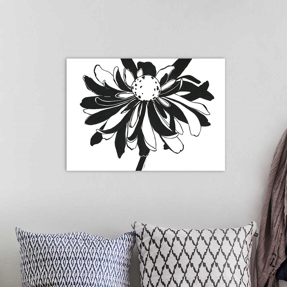 A bohemian room featuring Simple black and white illustration of a blooming flower.