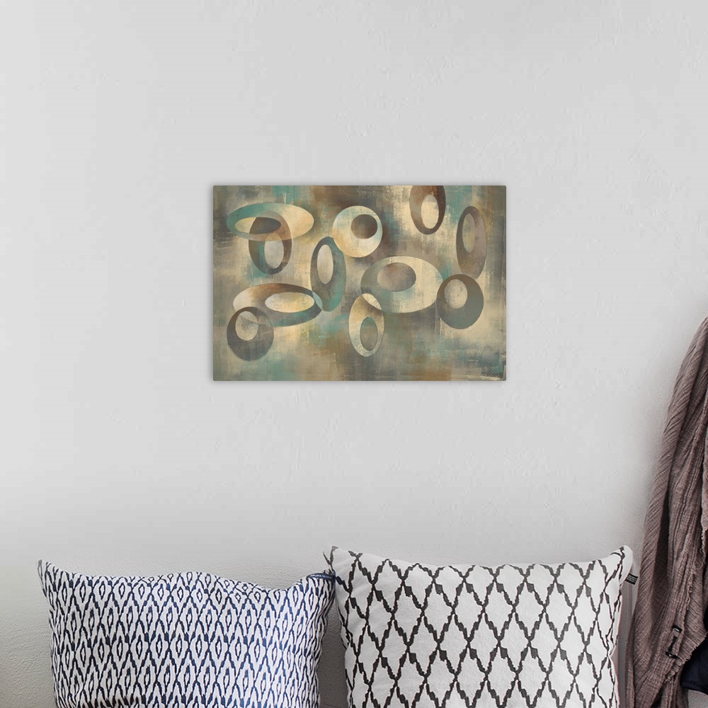 A bohemian room featuring Contemporary abstract painting using warm and cool tones in organic shapes.