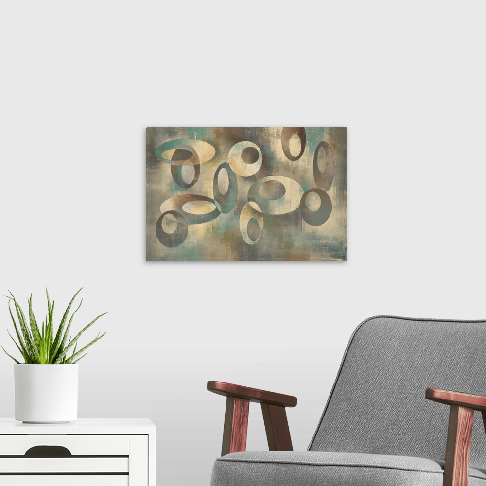 A modern room featuring Contemporary abstract painting using warm and cool tones in organic shapes.