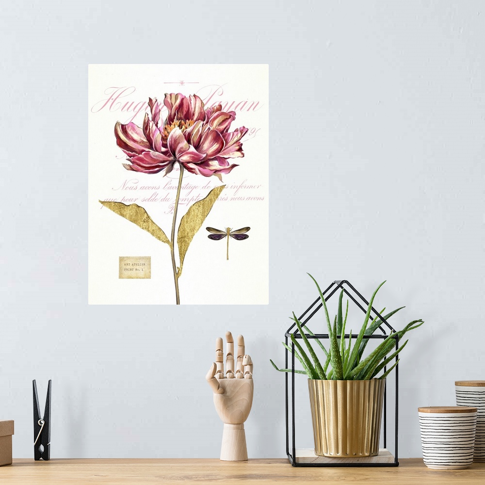 A bohemian room featuring Home decor artwork of a pink flower against a neutral background with script.