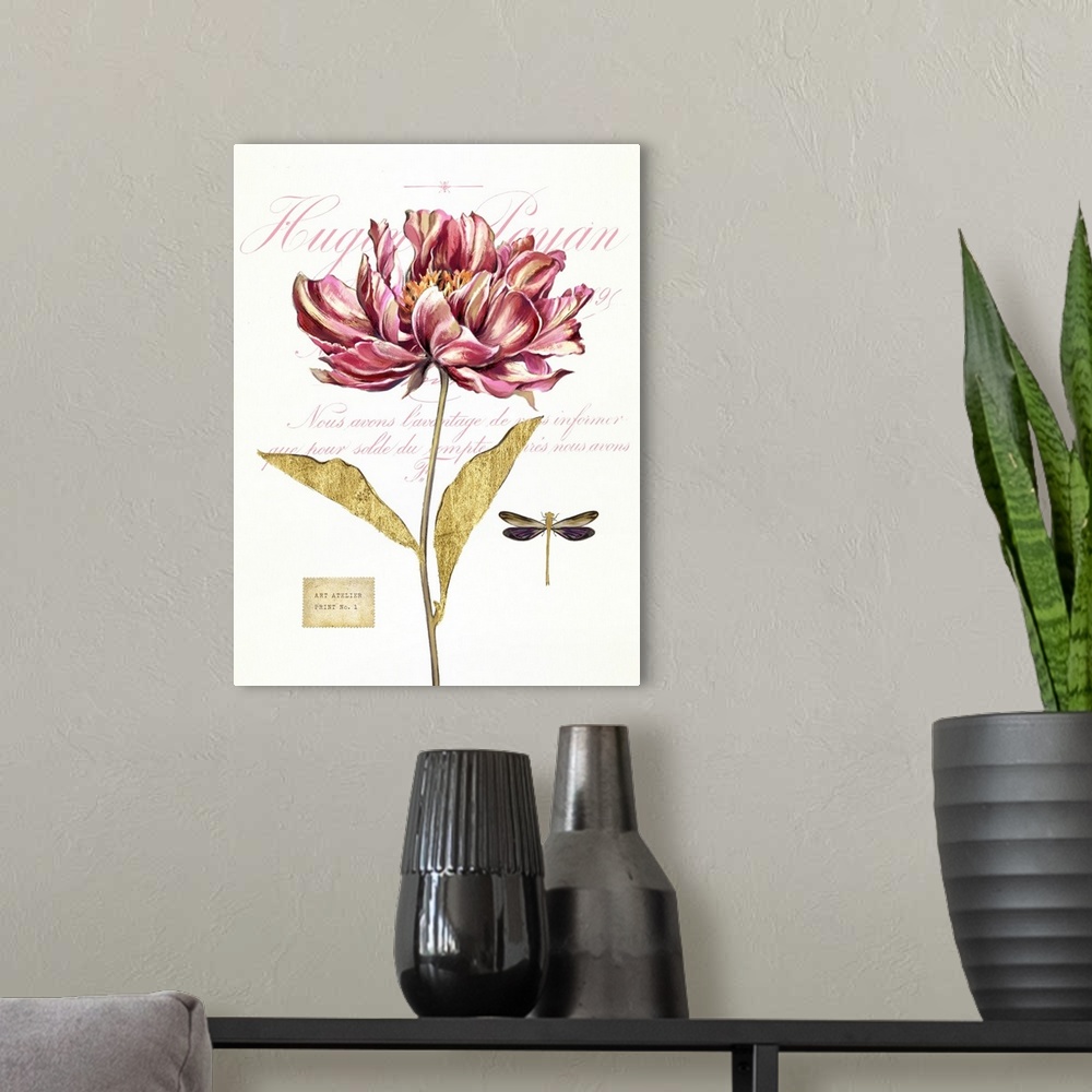 A modern room featuring Home decor artwork of a pink flower against a neutral background with script.