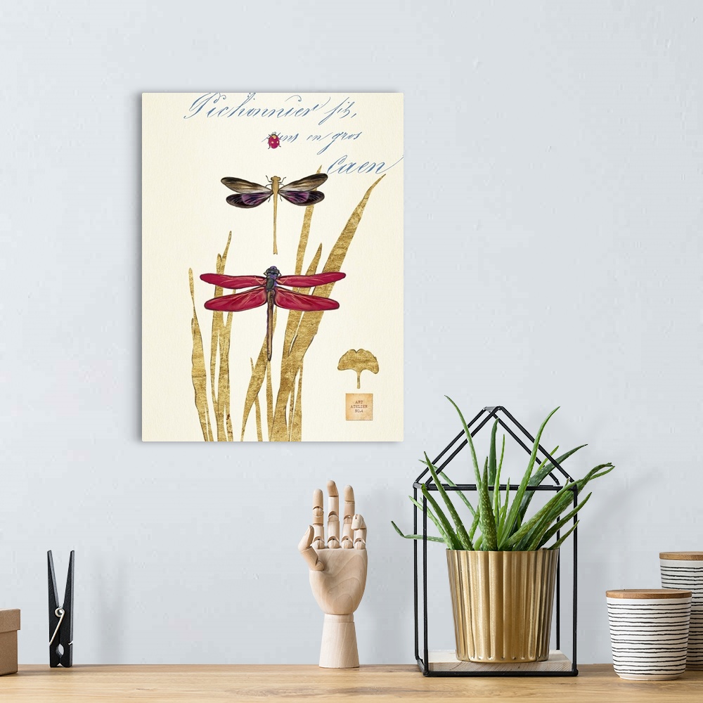 A bohemian room featuring Home decor artwork of a pair of dragonfly's against a neutral background with script and golden b...