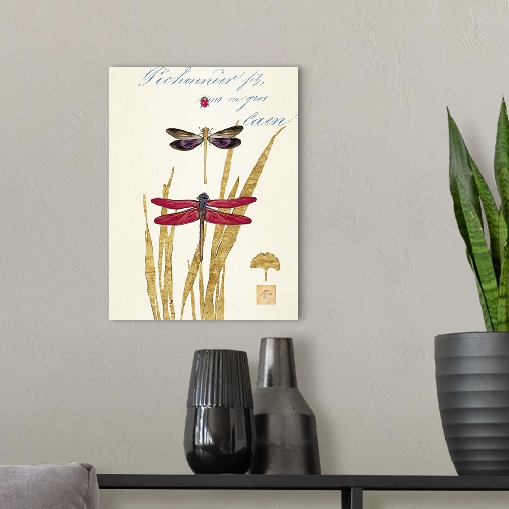 A modern room featuring Home decor artwork of a pair of dragonfly's against a neutral background with script and golden b...