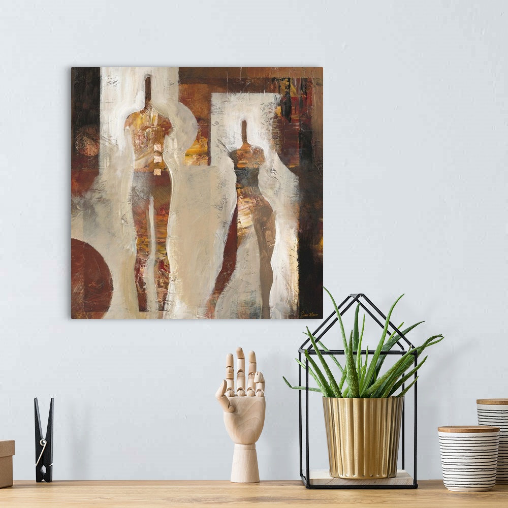 A bohemian room featuring Contemporary abstract painting of distorted human forms in earth tones.