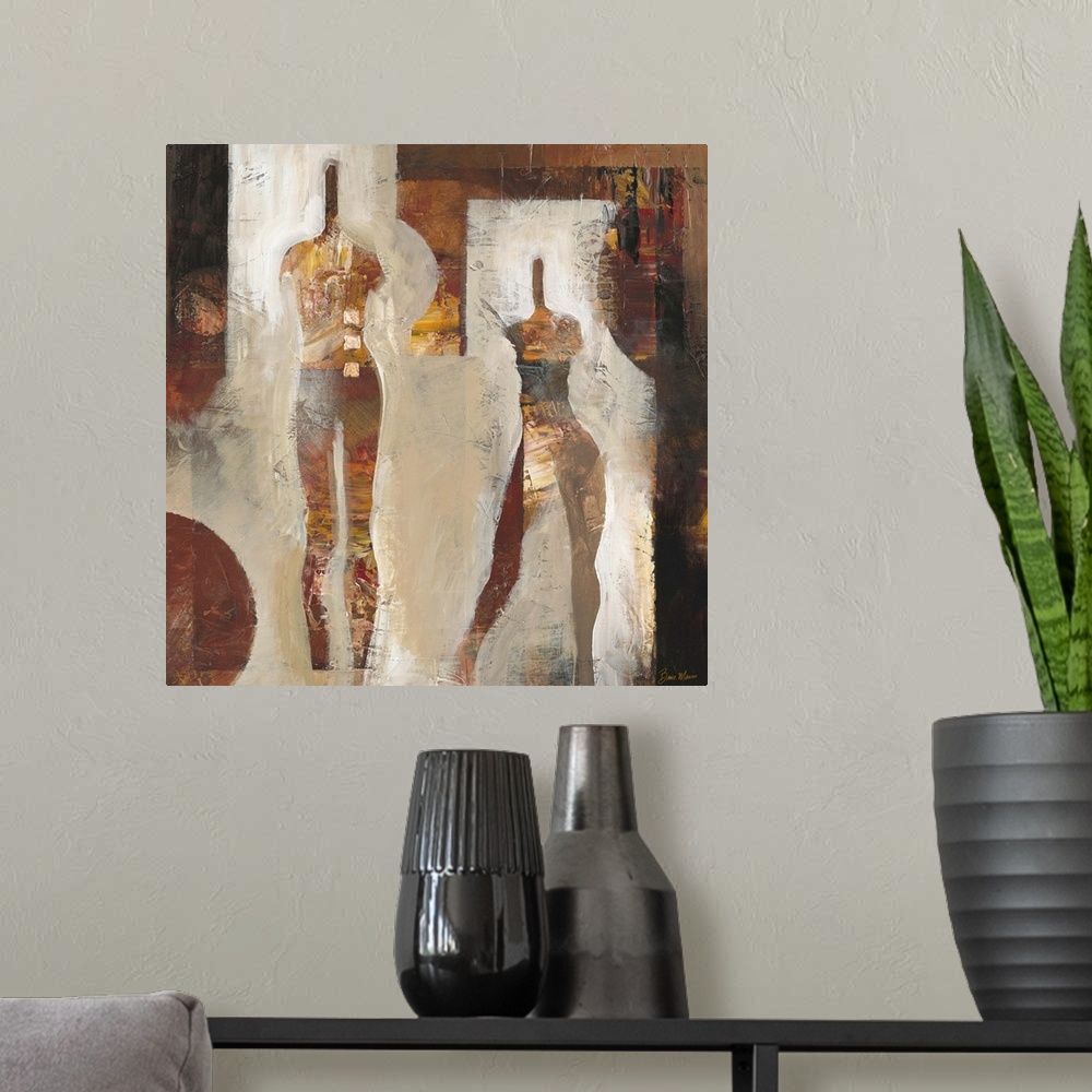 A modern room featuring Contemporary abstract painting of distorted human forms in earth tones.