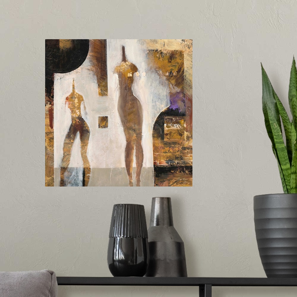 A modern room featuring Contemporary abstract painting of distorted human forms in earth tones.