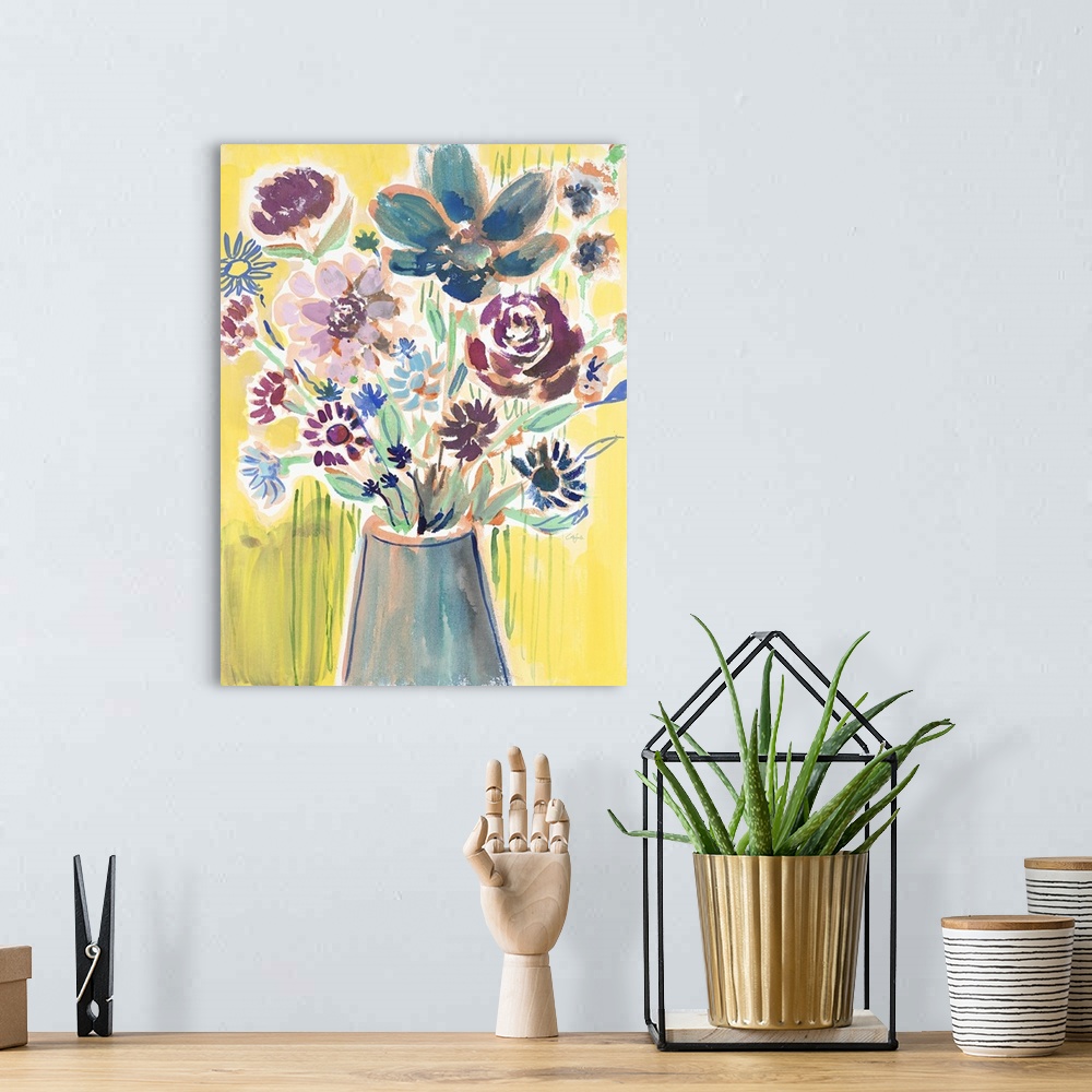 A bohemian room featuring Painting of a bouquet of pink and blue flowers in a tall blue vase.
