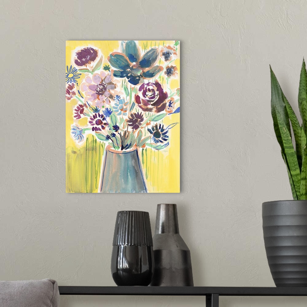 A modern room featuring Painting of a bouquet of pink and blue flowers in a tall blue vase.