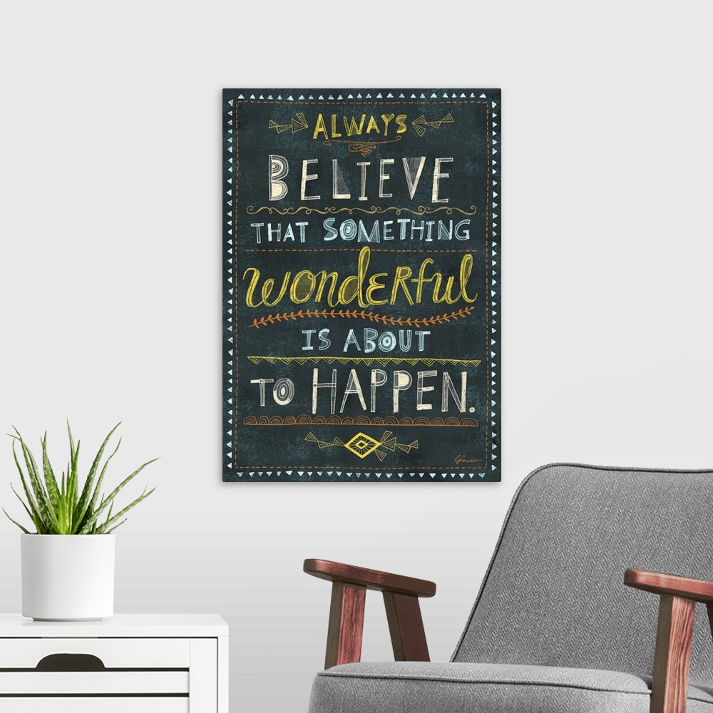 A modern room featuring Contemporary artwork with a retro feel of motivational text against a dark background.