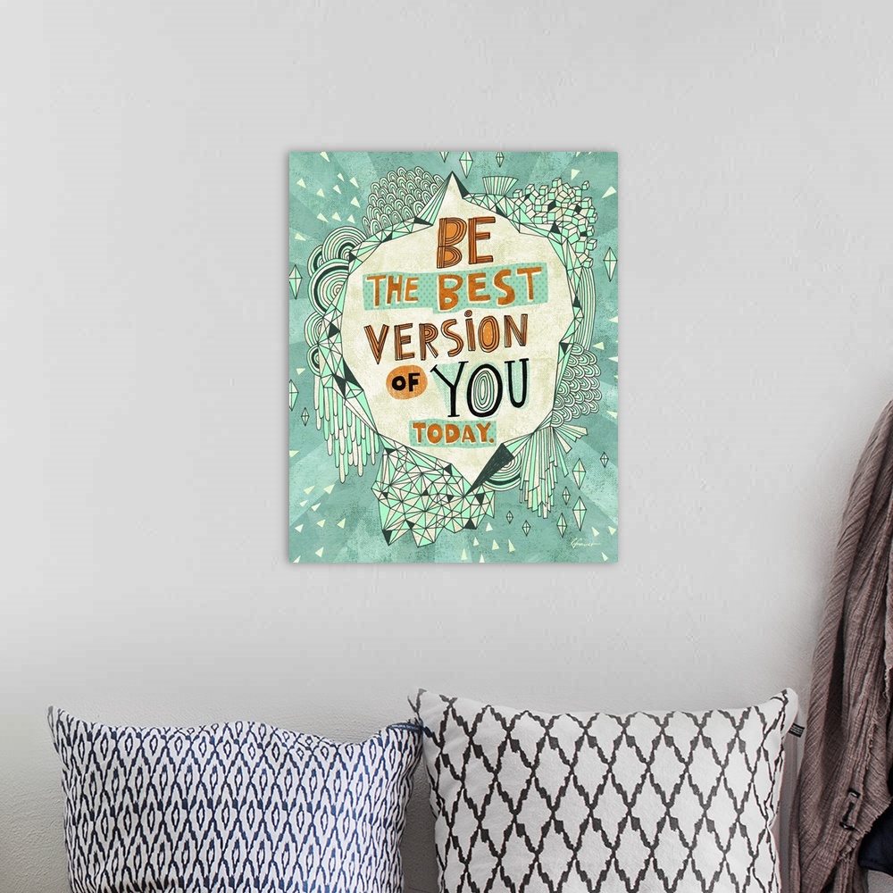A bohemian room featuring Contemporary artwork with a retro feel of motivational text against a green background.