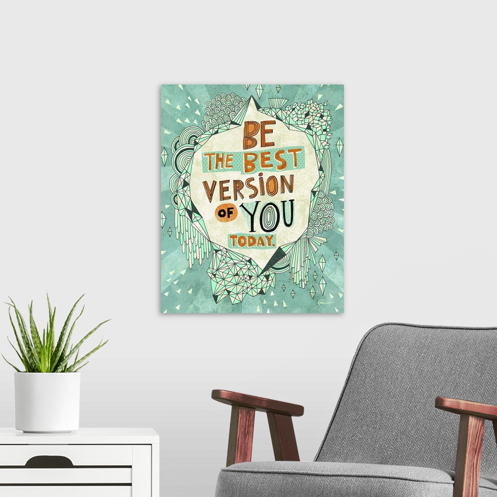 A modern room featuring Contemporary artwork with a retro feel of motivational text against a green background.