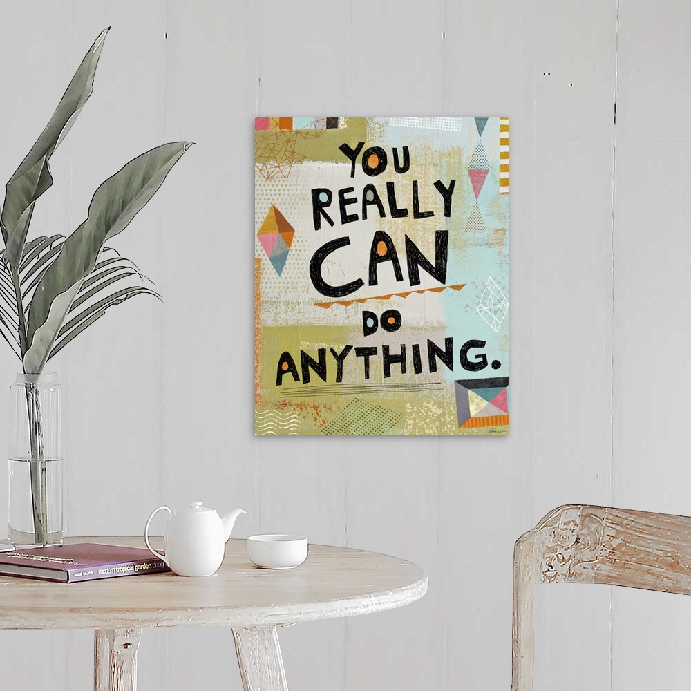 A farmhouse room featuring Contemporary artwork with a retro feel of motivational text against a colorful background.
