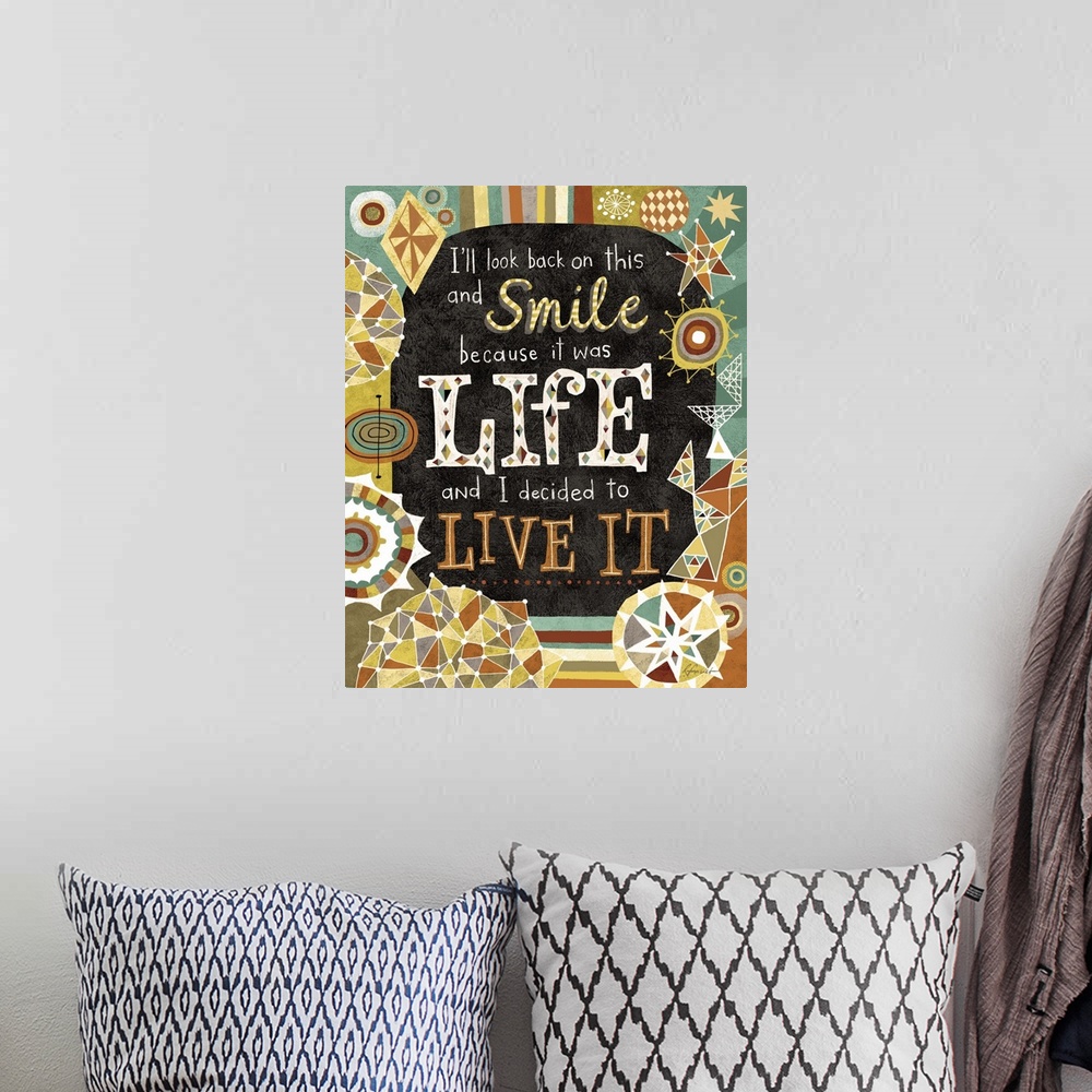A bohemian room featuring Contemporary artwork with a retro feel of motivational text against a colorful background.