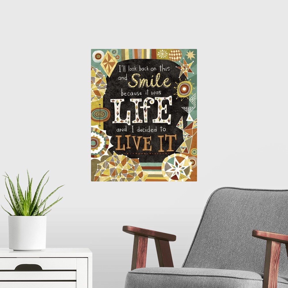 A modern room featuring Contemporary artwork with a retro feel of motivational text against a colorful background.