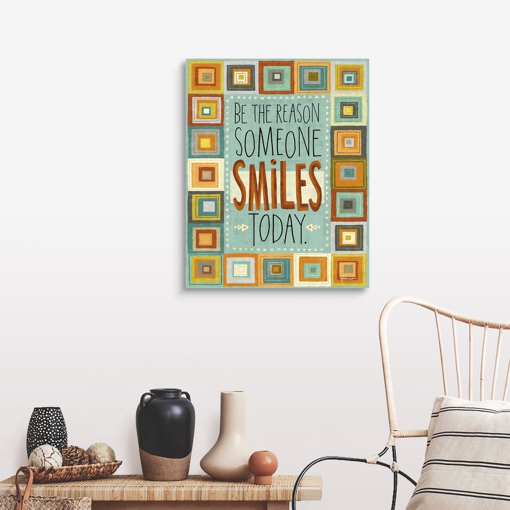 A farmhouse room featuring Contemporary artwork with a retro feel of motivational text against a colorful background.