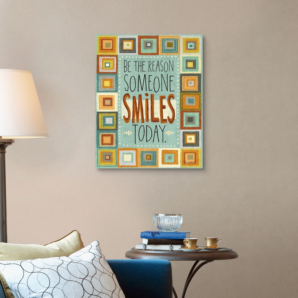 A traditional room featuring Contemporary artwork with a retro feel of motivational text against a colorful background.