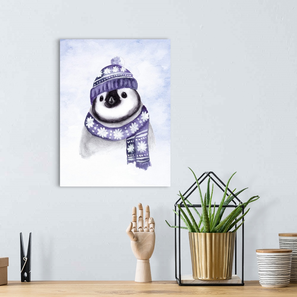 A bohemian room featuring Adorable illustration of a Emperor Penguin chick wearing a purple winter hat and scarf.