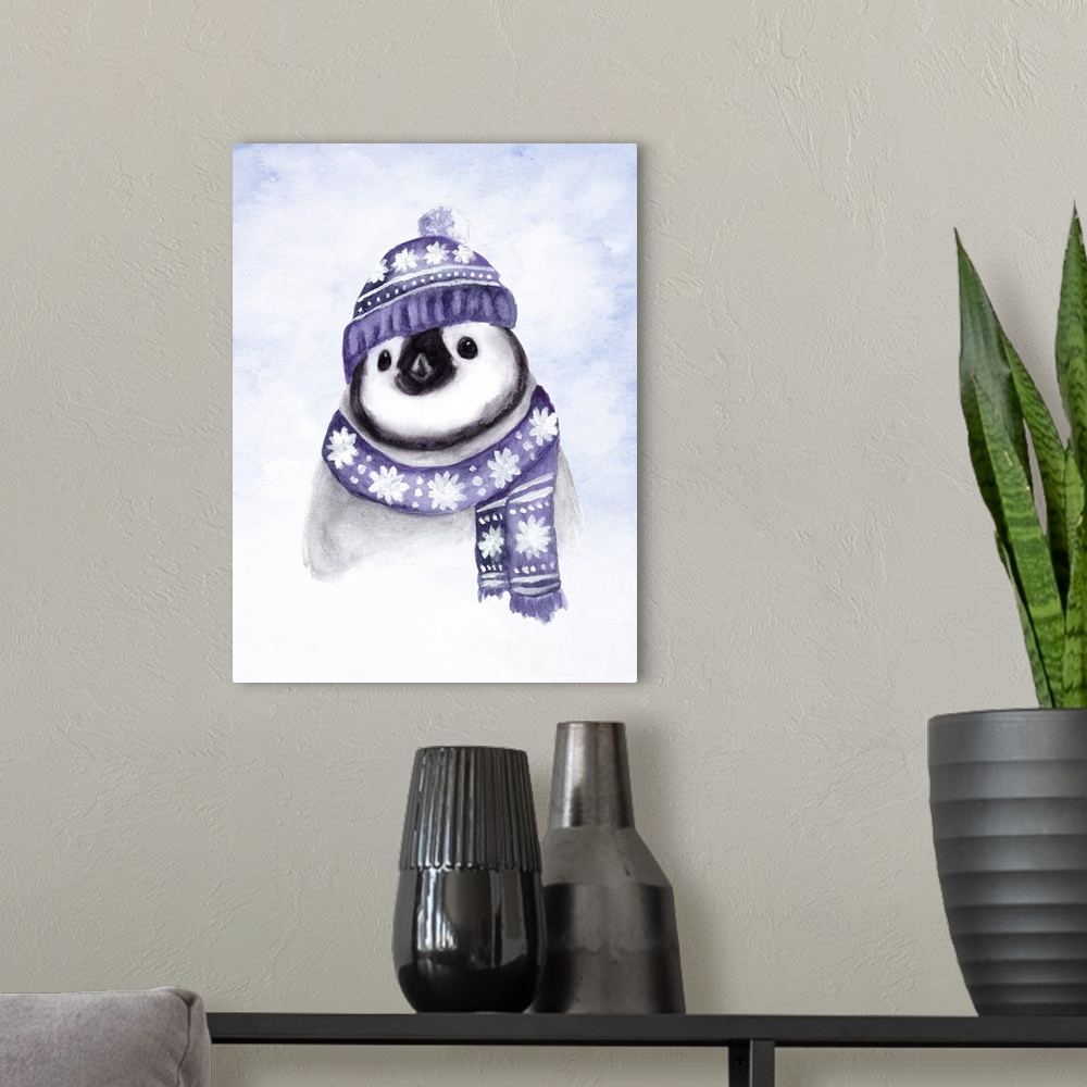 A modern room featuring Adorable illustration of a Emperor Penguin chick wearing a purple winter hat and scarf.