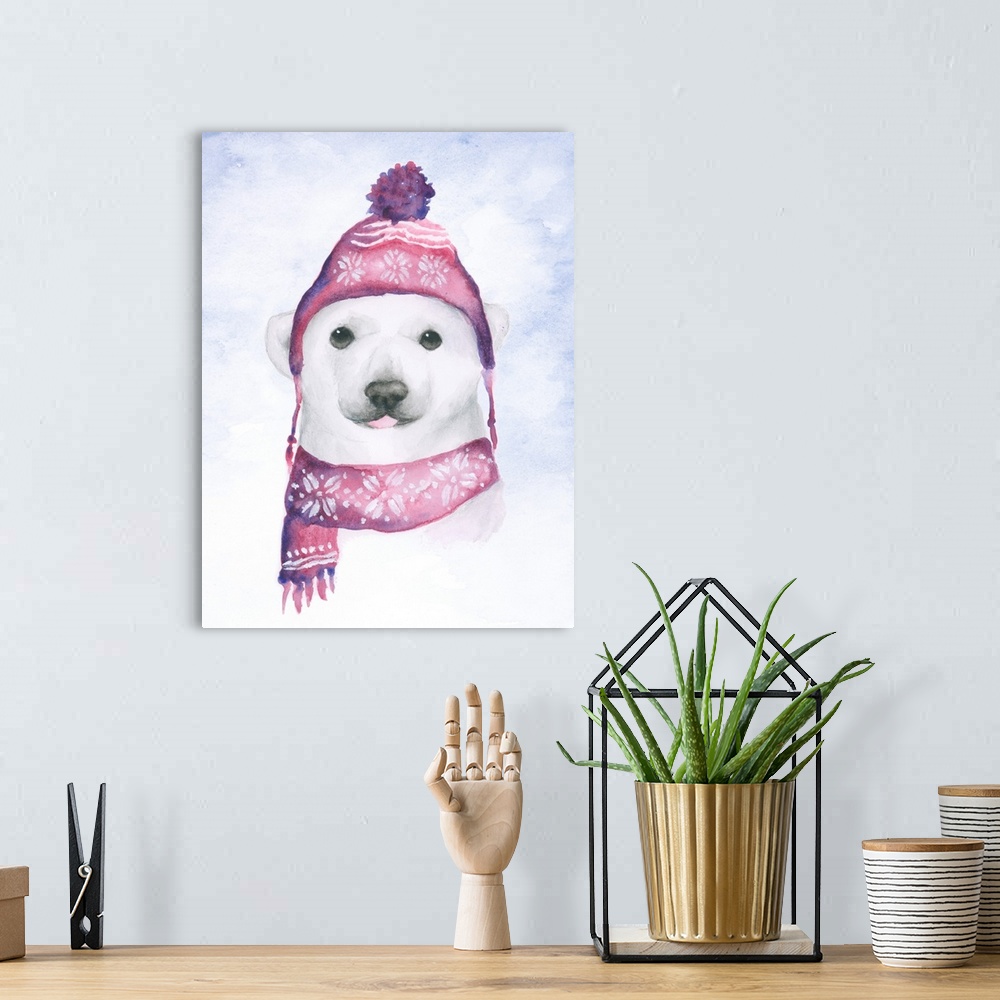 A bohemian room featuring Adorable illustration of a little polar bear wearing a pink winter hat and scarf.