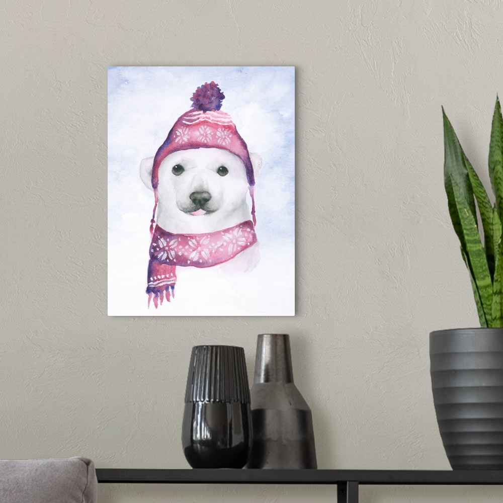 A modern room featuring Adorable illustration of a little polar bear wearing a pink winter hat and scarf.
