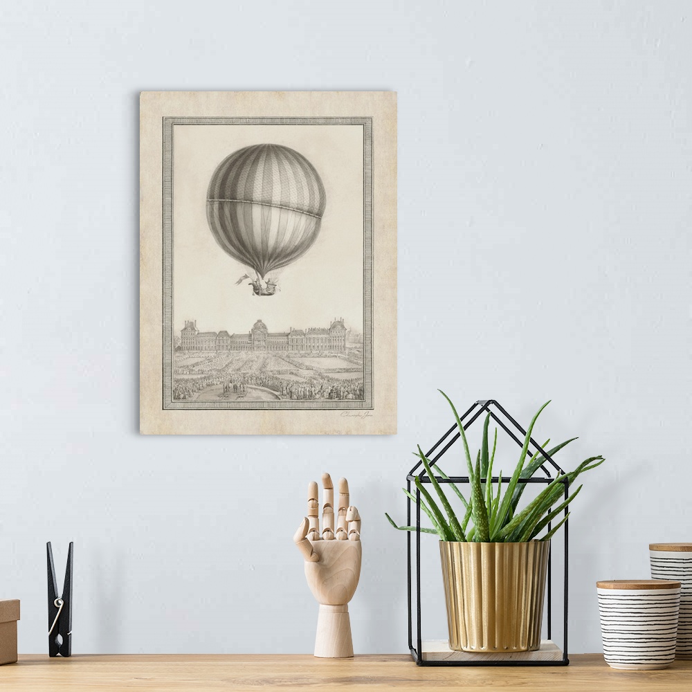 A bohemian room featuring Vintage illustration of a hot air balloon floating above Paris in black, white, and sepia tones.