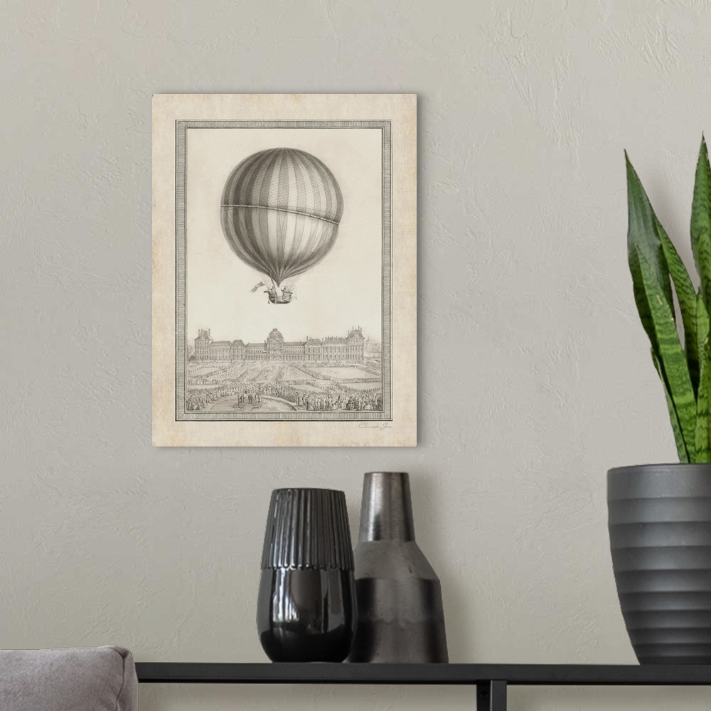 A modern room featuring Vintage illustration of a hot air balloon floating above Paris in black, white, and sepia tones.