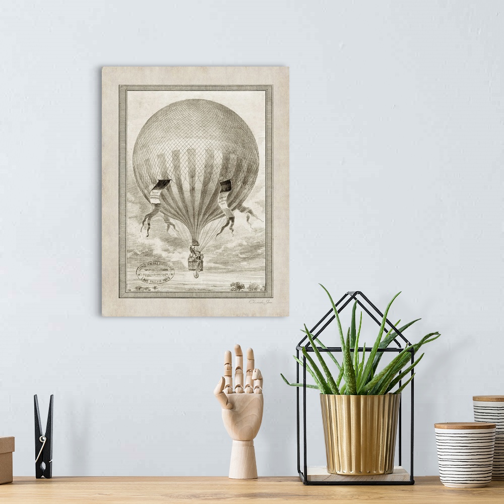 A bohemian room featuring Vintage illustration of a hot air balloon floating over a countryside with flags blowing on the s...