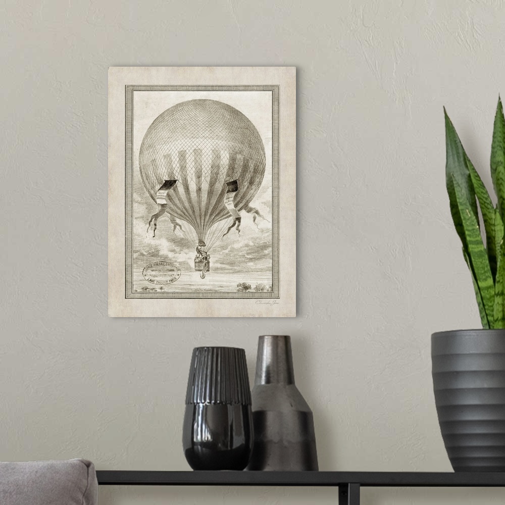 A modern room featuring Vintage illustration of a hot air balloon floating over a countryside with flags blowing on the s...