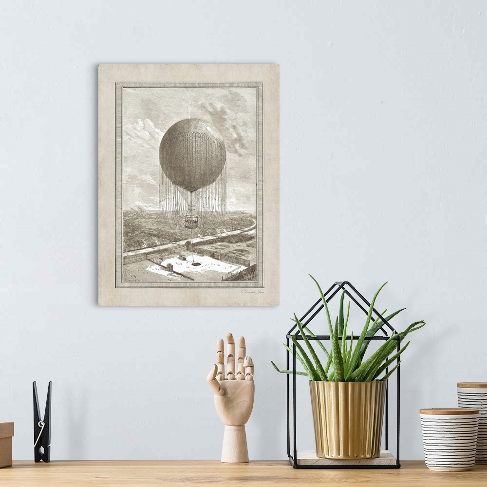 A bohemian room featuring Vintage illustration of a hot air balloon floating over Paris with the Seine on the left.