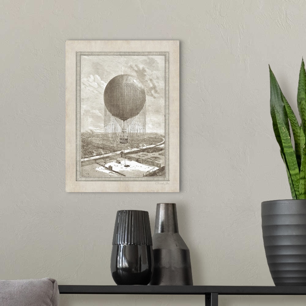 A modern room featuring Vintage illustration of a hot air balloon floating over Paris with the Seine on the left.
