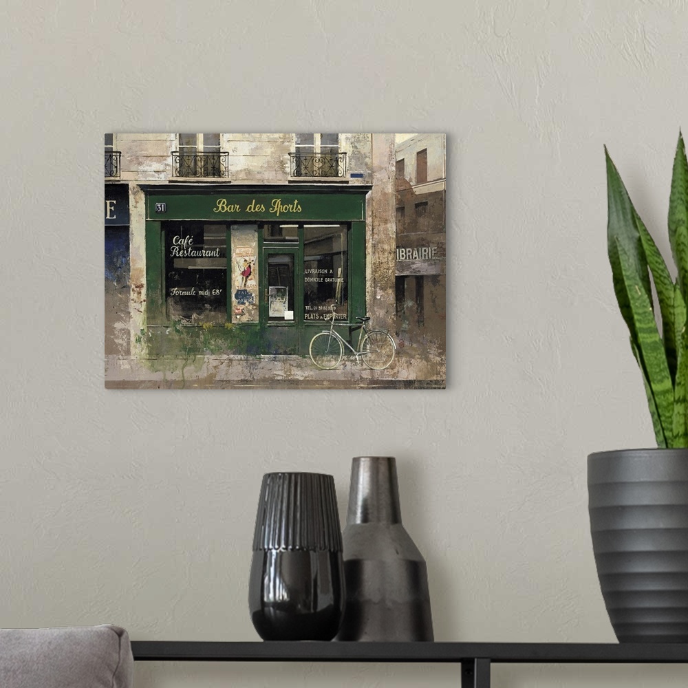 A modern room featuring Contemporary painting of a bar storefront downtown in a city.