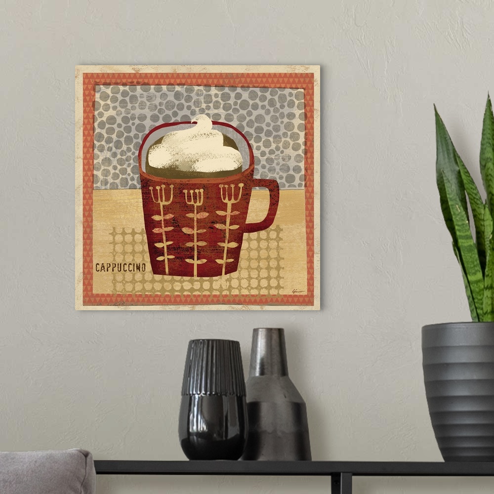 A modern room featuring Contemporary artwork with a retro feel of a cup of coffee against a spotted background.