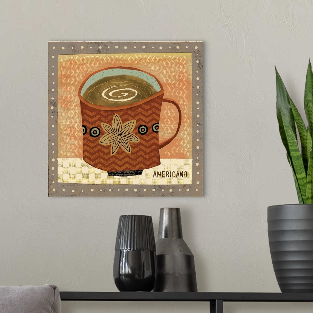 A modern room featuring Contemporary artwork with a retro feel of a cup of coffee against an earthy toned background.
