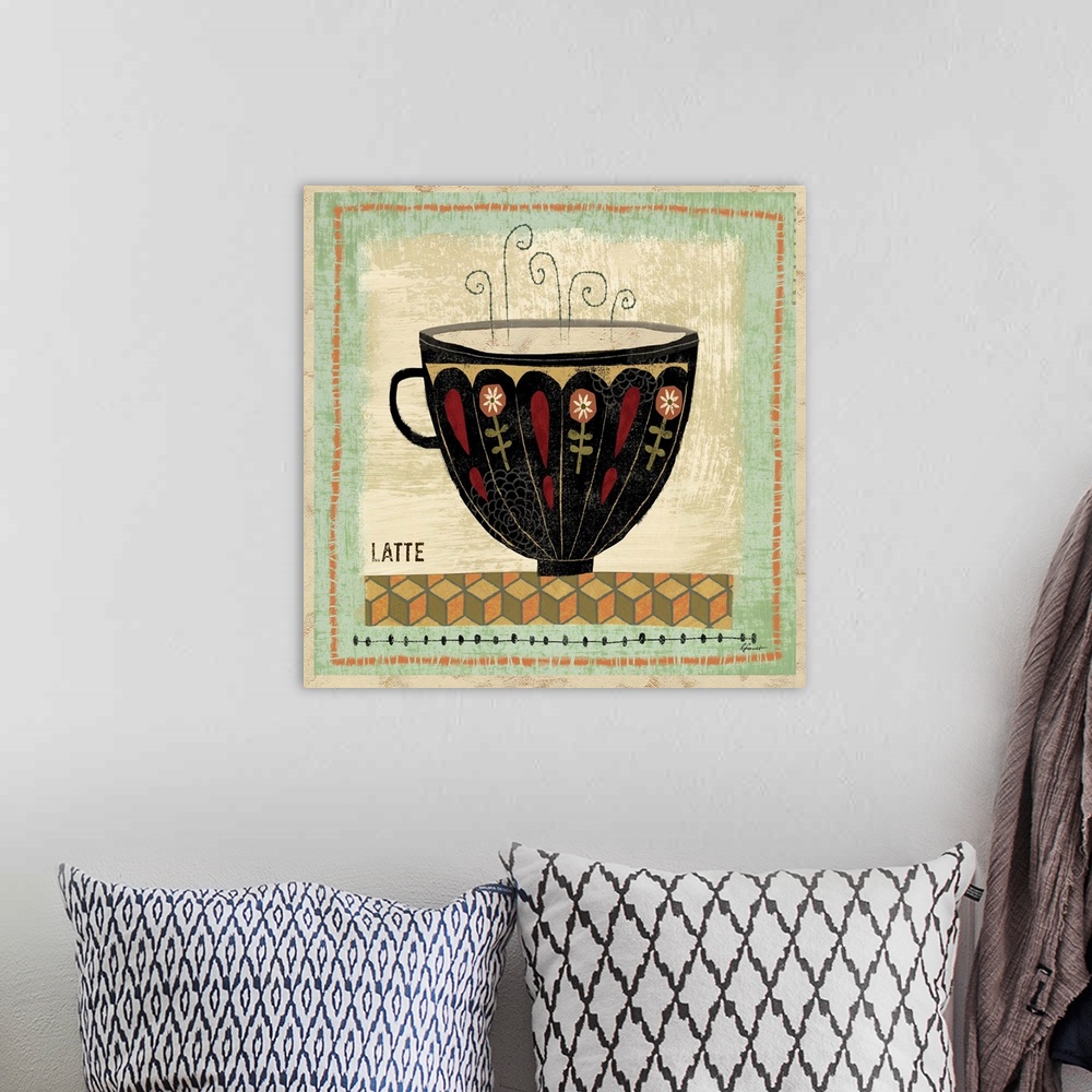 A bohemian room featuring Contemporary artwork with a retro feel of a cup of coffee against a blue and earth toned background.