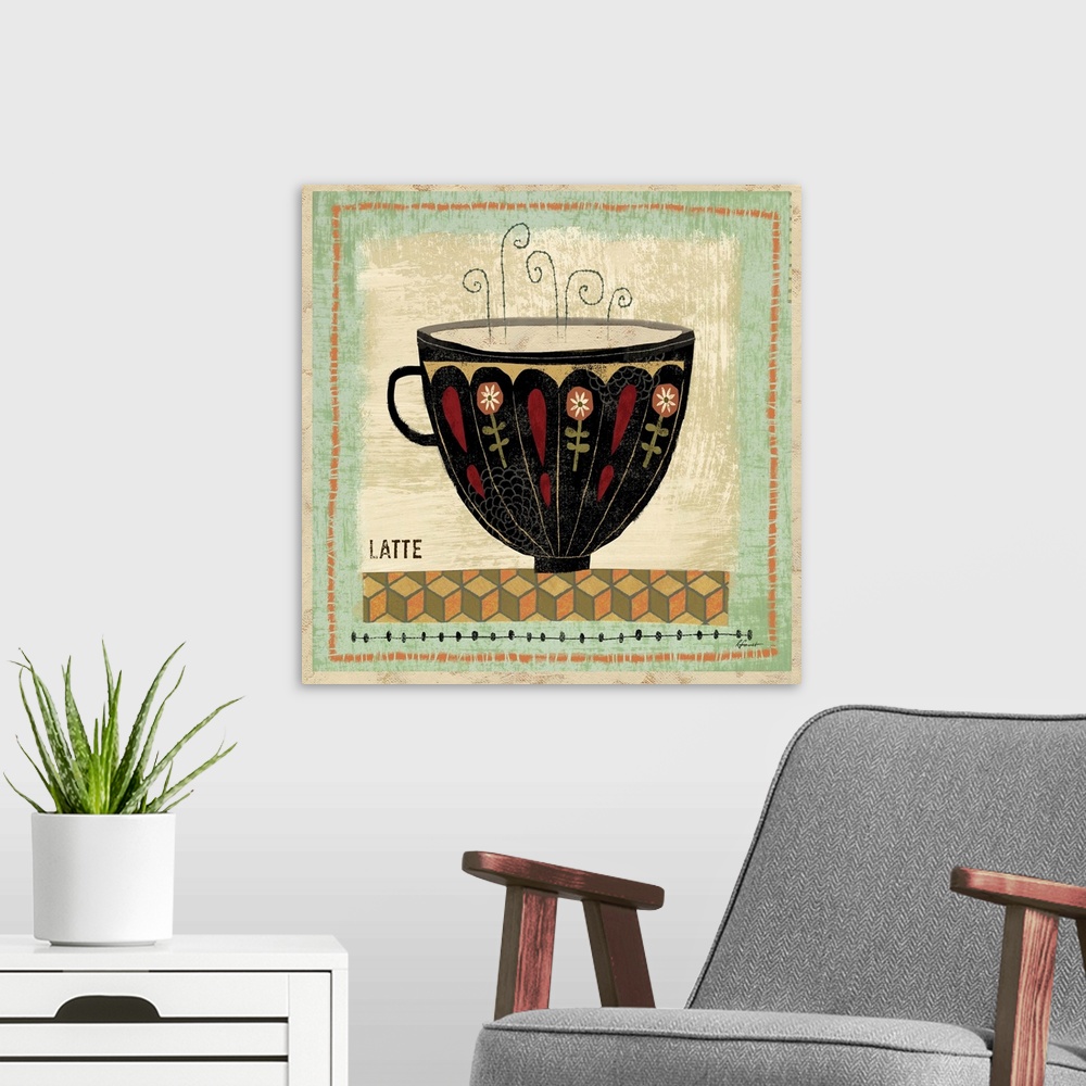 A modern room featuring Contemporary artwork with a retro feel of a cup of coffee against a blue and earth toned background.
