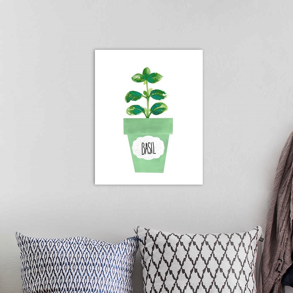 A bohemian room featuring Painting of a potted basil plant on a solid white background with a label on the green pot.