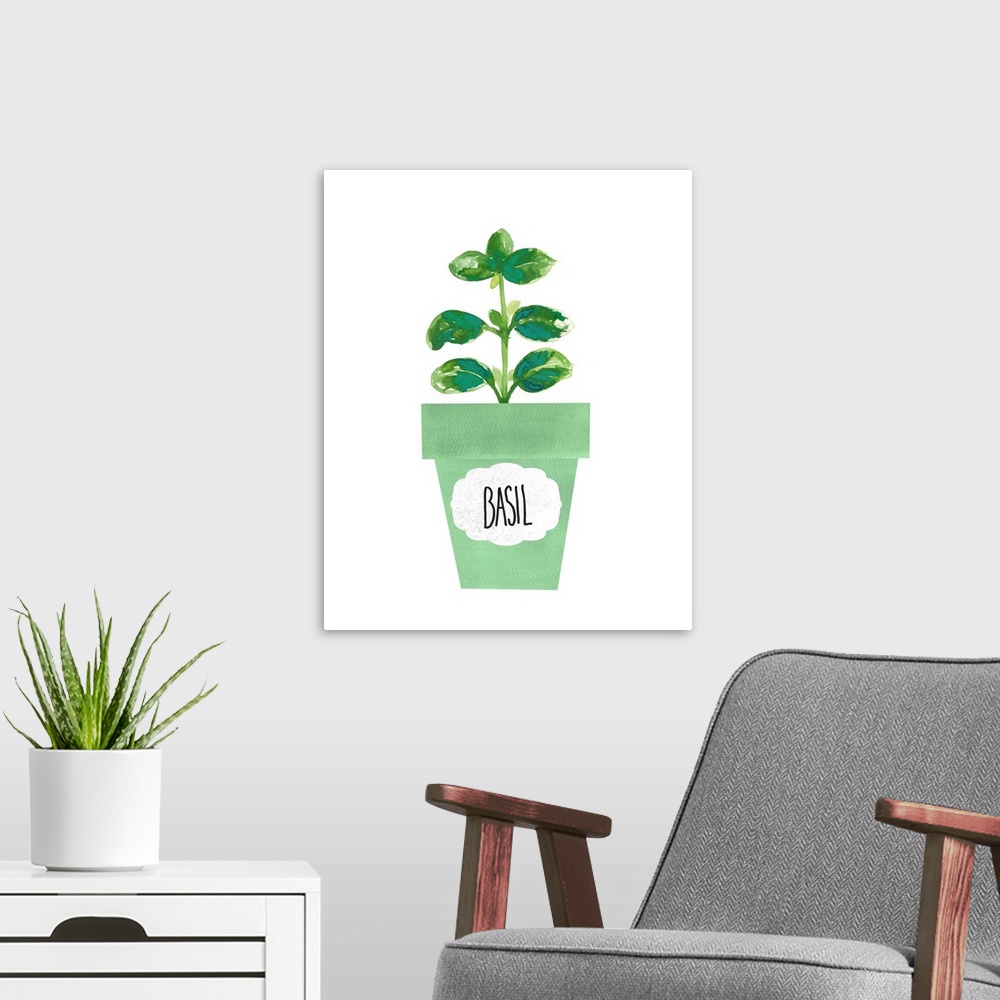 A modern room featuring Painting of a potted basil plant on a solid white background with a label on the green pot.