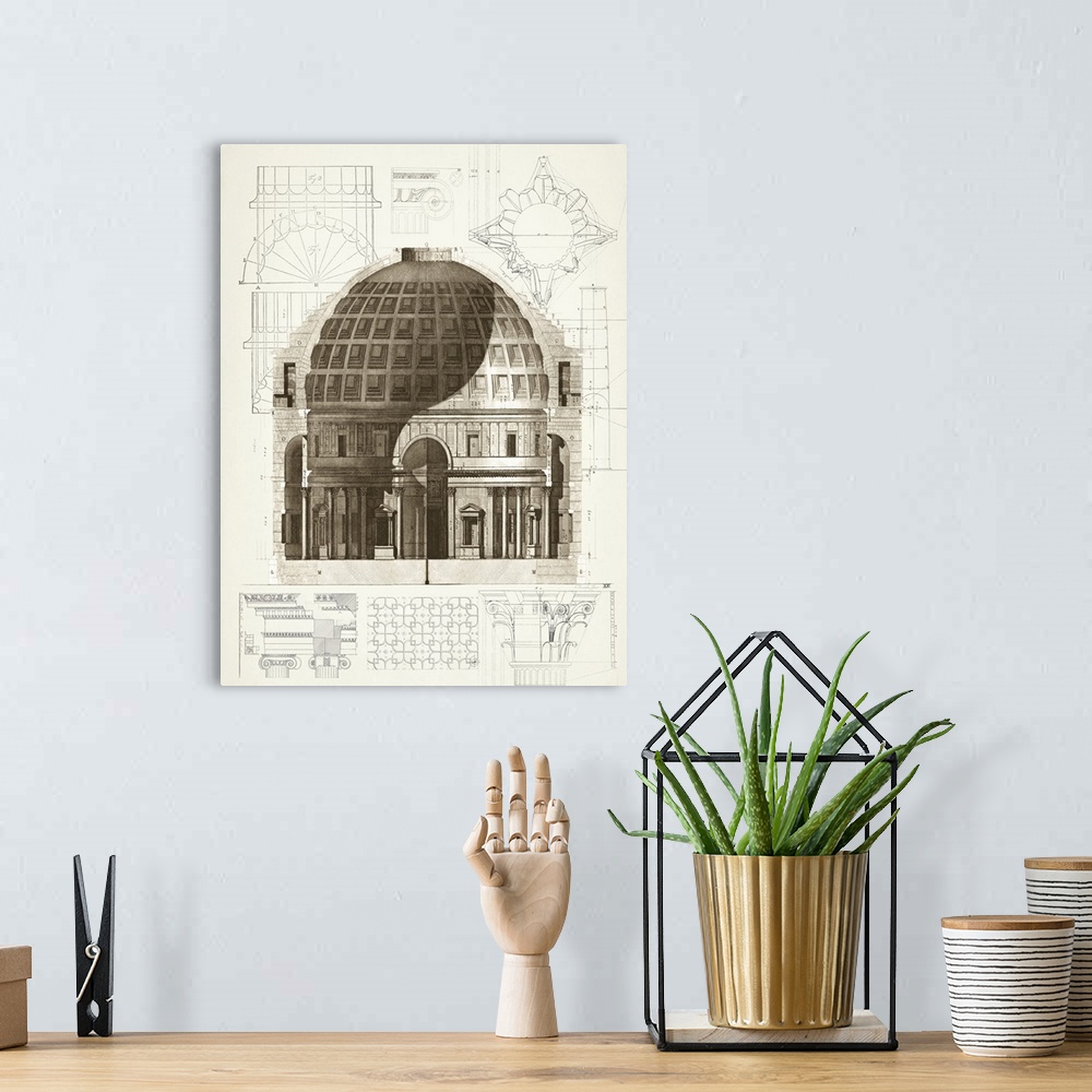 A bohemian room featuring Black and white architectural illustration and blueprint with numbered measurements in the backgr...