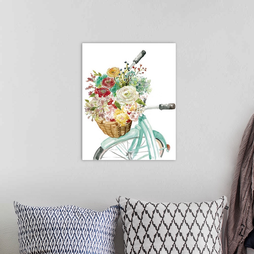 A bohemian room featuring Illustration of a bicycle with a basket full of flowers.