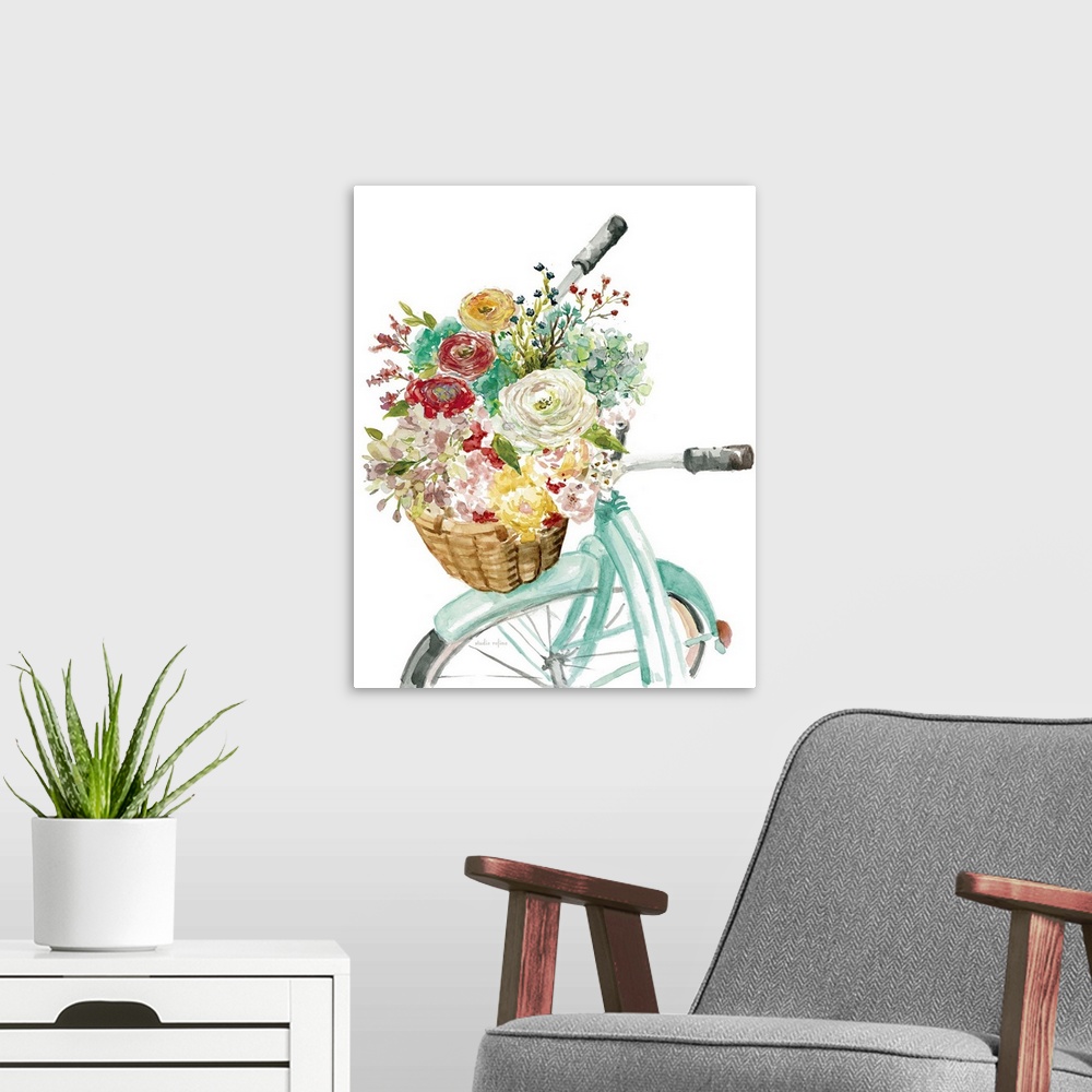 A modern room featuring Illustration of a bicycle with a basket full of flowers.
